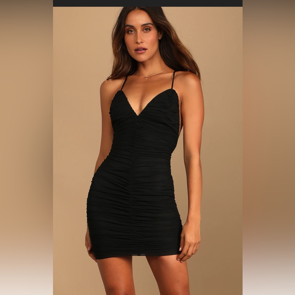 Black Mesh Ruched Bodycon Mini Dress